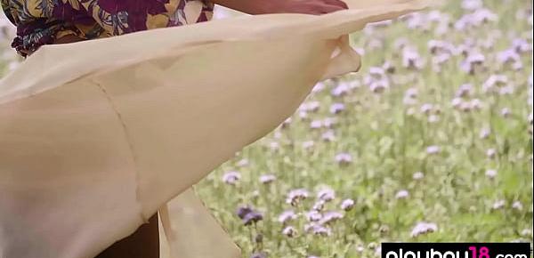 Hot hungarian beauty Natalie Costello stripping at a flowery field outdoor